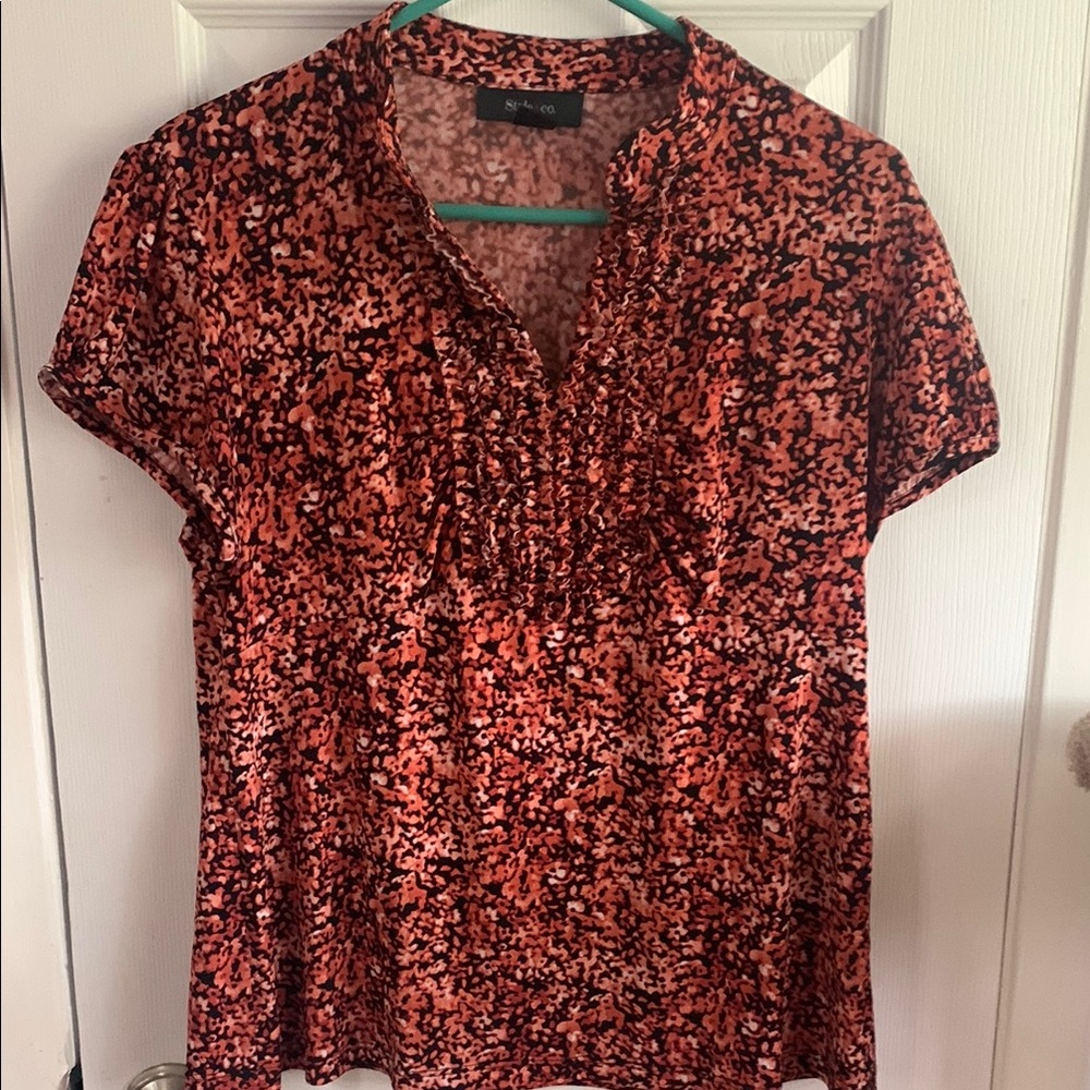 Style & Co. Black and Red Ruched Blouse with Mandarin Collar